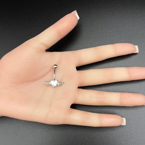 316L Stainless Steel with White Diamond Cubic Zirconia Winged Heart Belly Ring - Picture 7 of 7